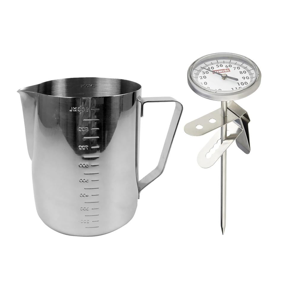 900ml Stainless Steel Coffee Frothing Milk Tea Latte Jug Scale + Thermometer