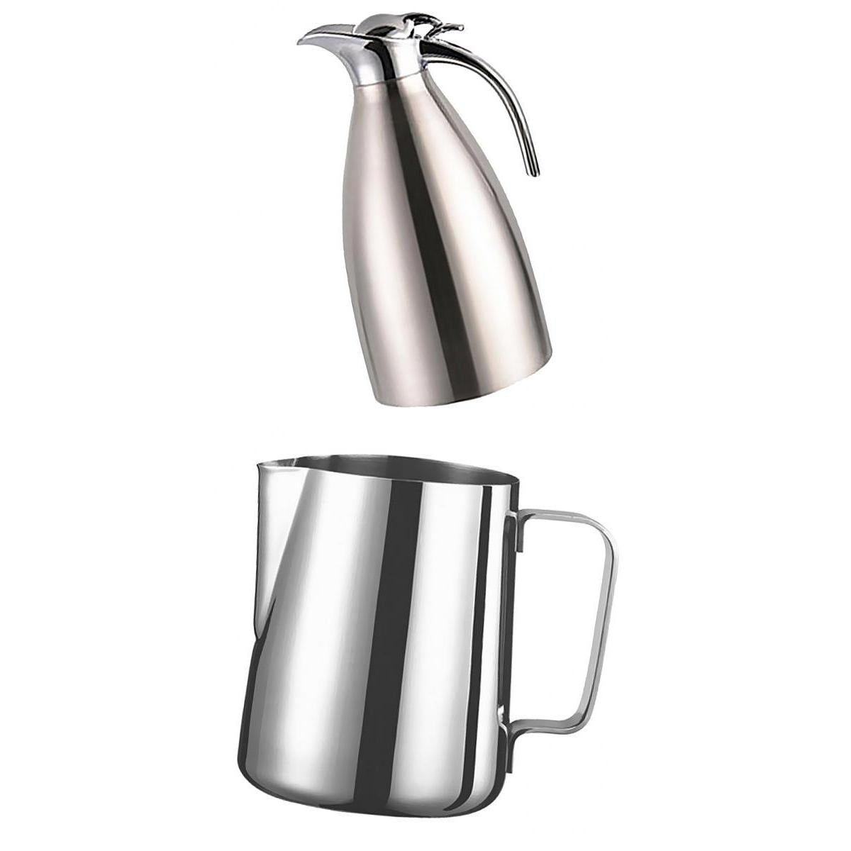 2L Insulation Thermal Coffee Carafe Water Pot + Milk Frothing Pitcher Jug 1L