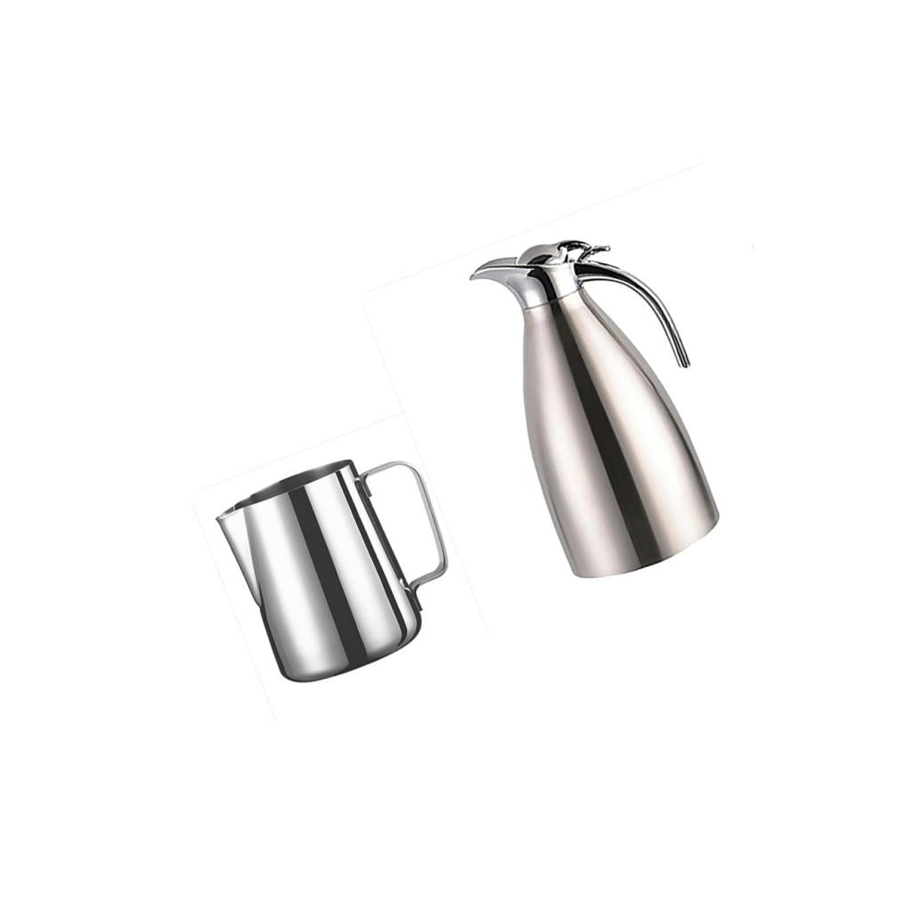 2L Insulation Thermal Coffee Carafe Water Pot + Milk Frothing Pitcher Jug 1L