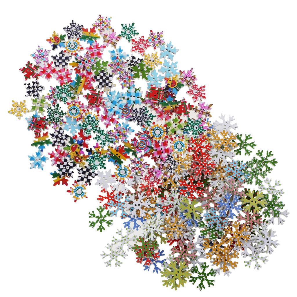 200 Pieces Assorted Snowflake Wooden Button for Scrapbooking Xmas Decoration