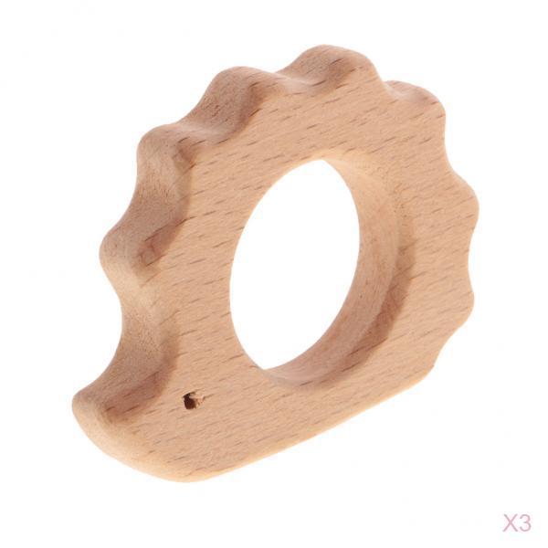 3 Pieces Natural Wood Hedgehog Shape Baby Teether Teething Ring Shower Gift
