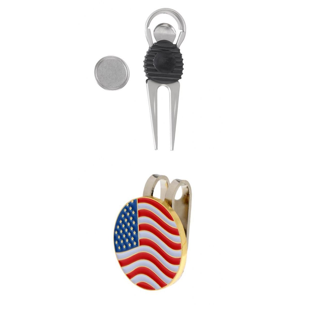 Alloy Golf Repair Divot Tool + USA Flag Golf Ball Marker Magnetic Hat Clip