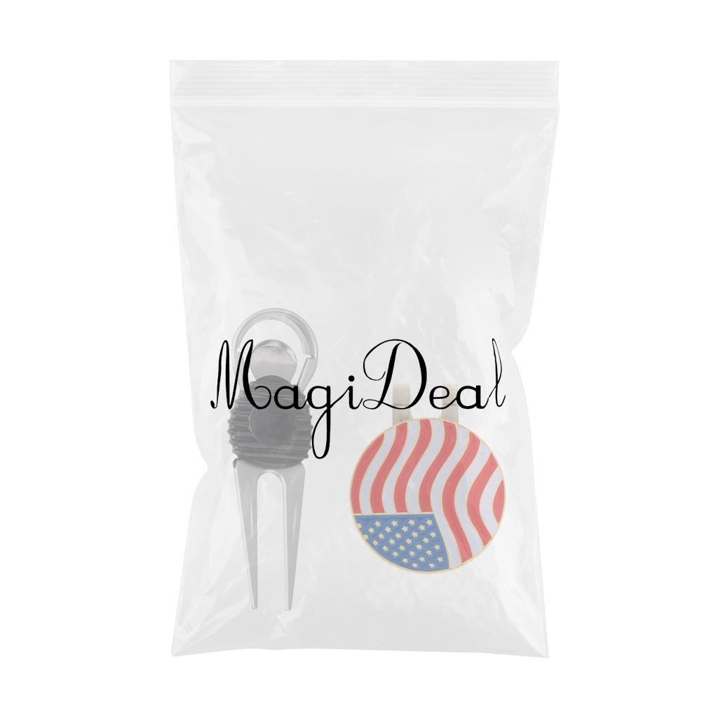 Alloy Golf Repair Divot Tool + USA Flag Golf Ball Marker Magnetic Hat Clip