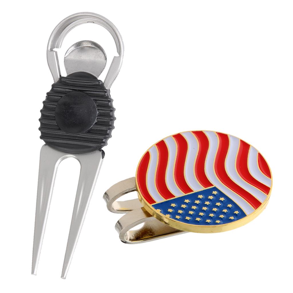 Alloy Golf Repair Divot Tool + USA Flag Golf Ball Marker Magnetic Hat Clip