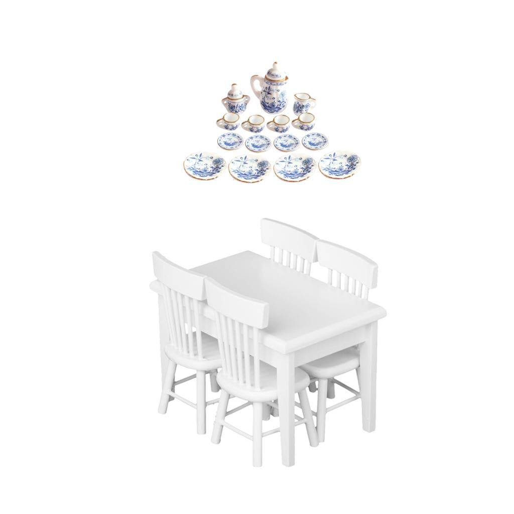 1/12 Dollhouse Miniature Wooden Table Chair Porcelain Tea Set Dining Room