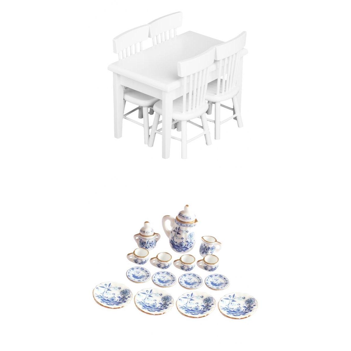 1/12 Dollhouse Miniature Wooden Table Chair Porcelain Tea Set Dining Room