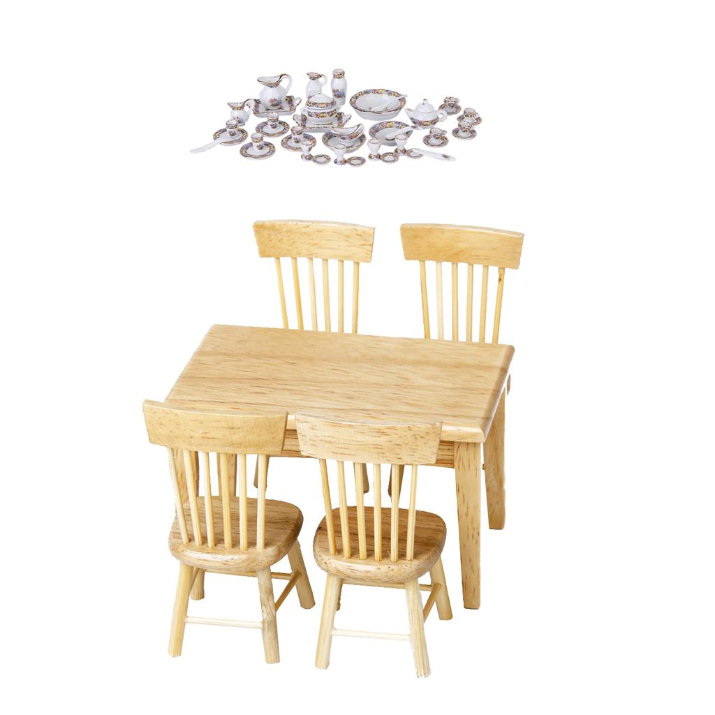 1/12 Dolls House Miniature Wooden Table Chair Porcelain Tea Set Dining Room