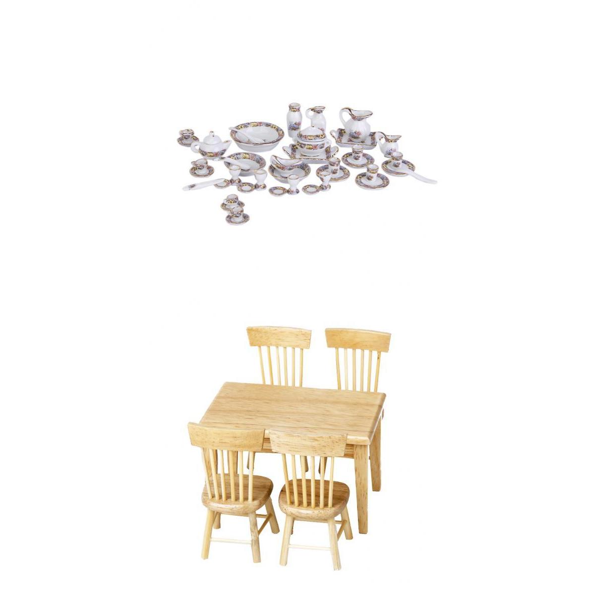 1/12 Dolls House Miniature Wooden Table Chair Porcelain Tea Set Dining Room