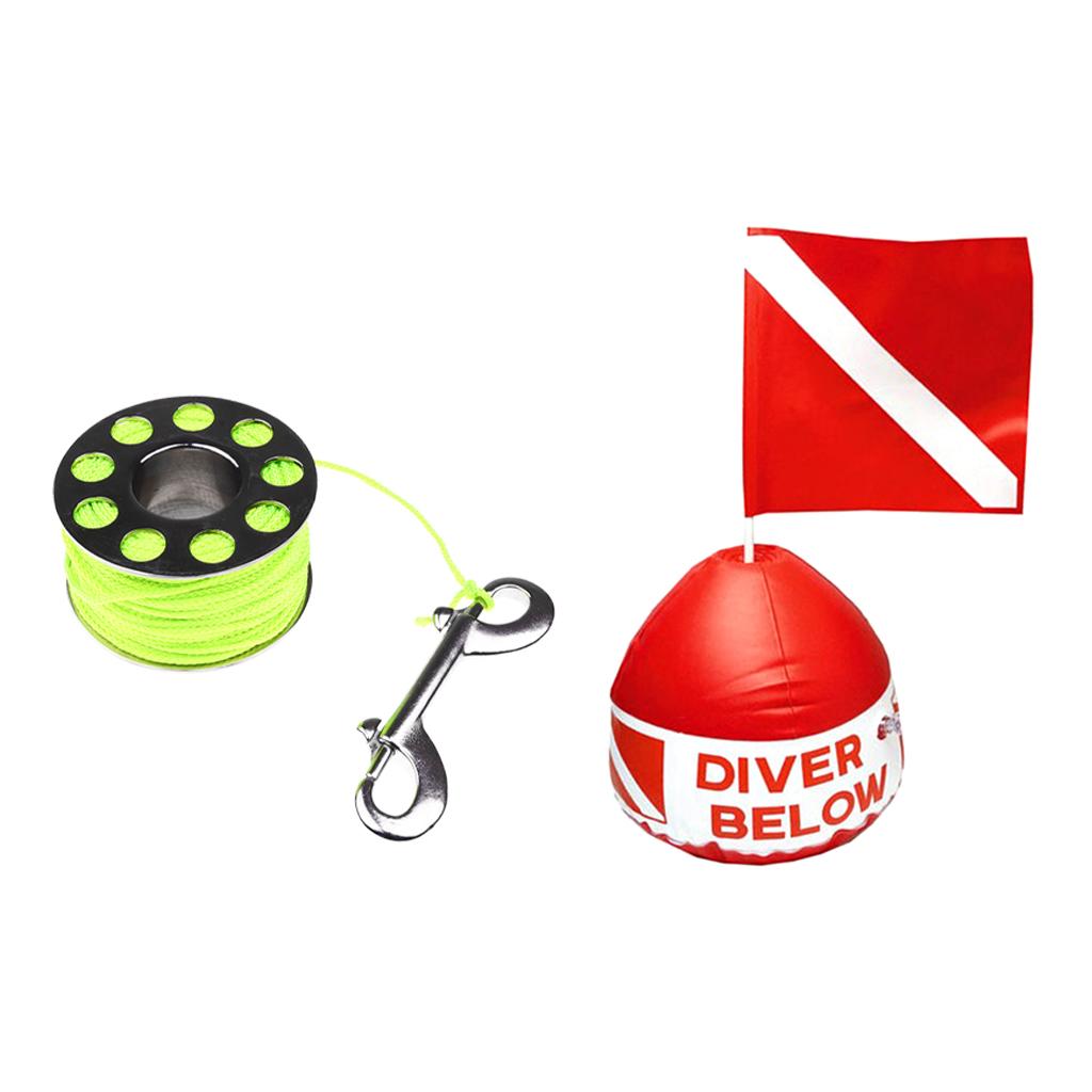 31m Scuba Spool Finger Reel with Bolt Snap+ Diving Flag with Inflatable Buoy