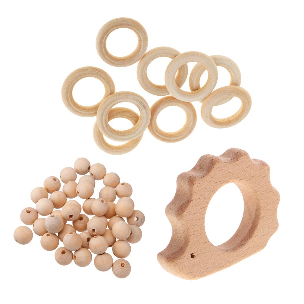 61 Pieces Hedgehog Shape Wood Teether Teething Rings DIY Craft Wooden Beads