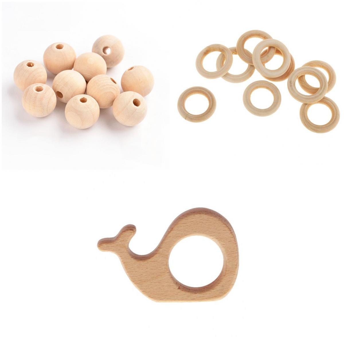 61pcs Unifinished Natural Wooden Whale Baby Teether Round Teething Ring Bead