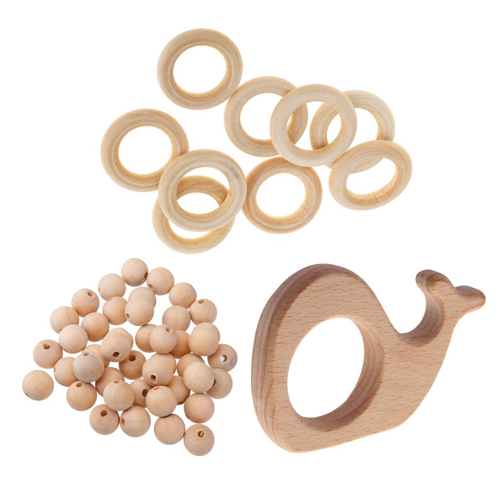 61pcs Unifinished Natural Wooden Whale Baby Teether Round Teething Ring Bead