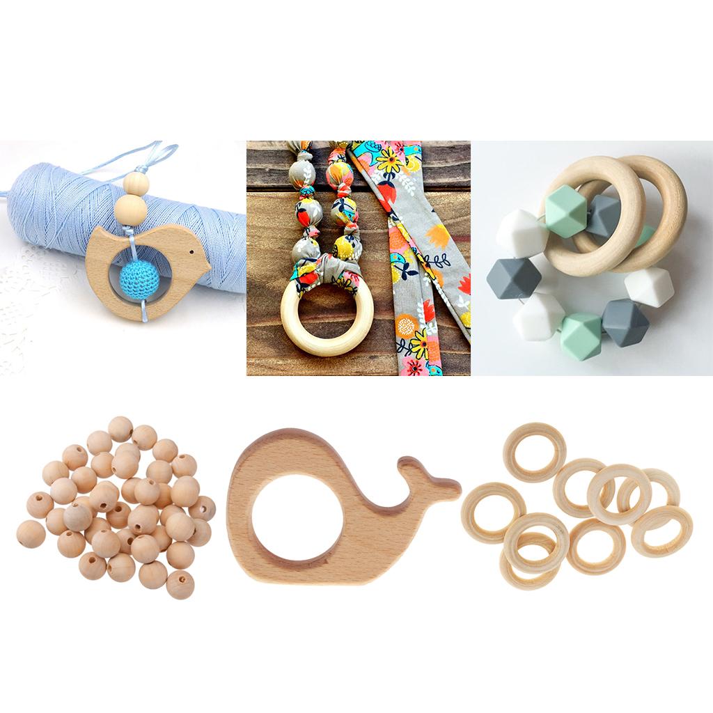 61pcs Unifinished Natural Wooden Whale Baby Teether Round Teething Ring Bead