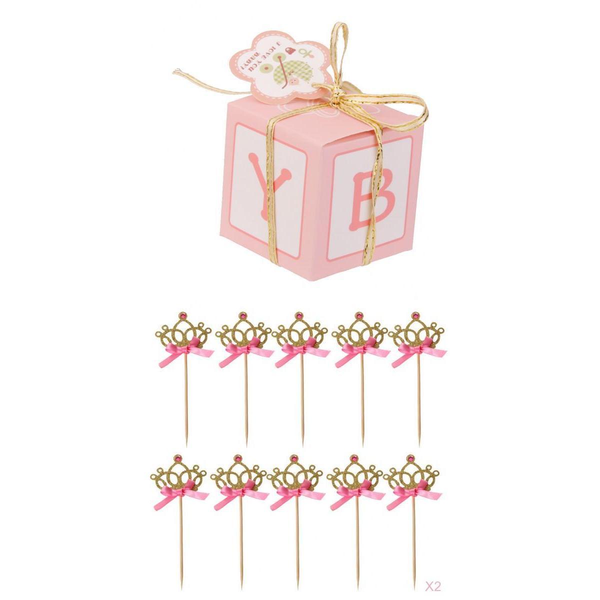 12xPink Paper Candy Gift Boxes Baby Shower Favors+20xCrown Cake Topper Picks