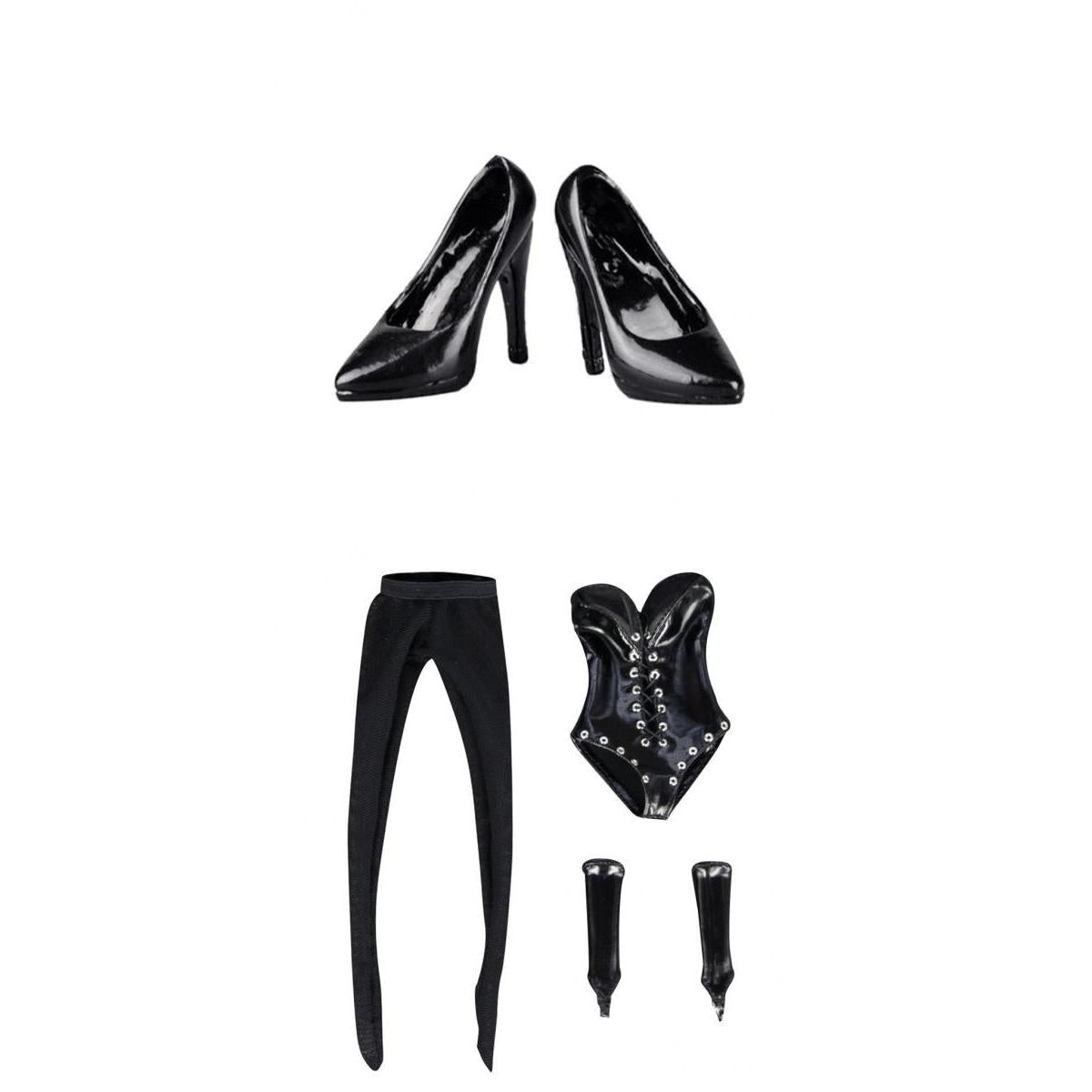 1/6 Black Lace Up Teddy Lingerie Set High Heels for 12 Female Action Figure"