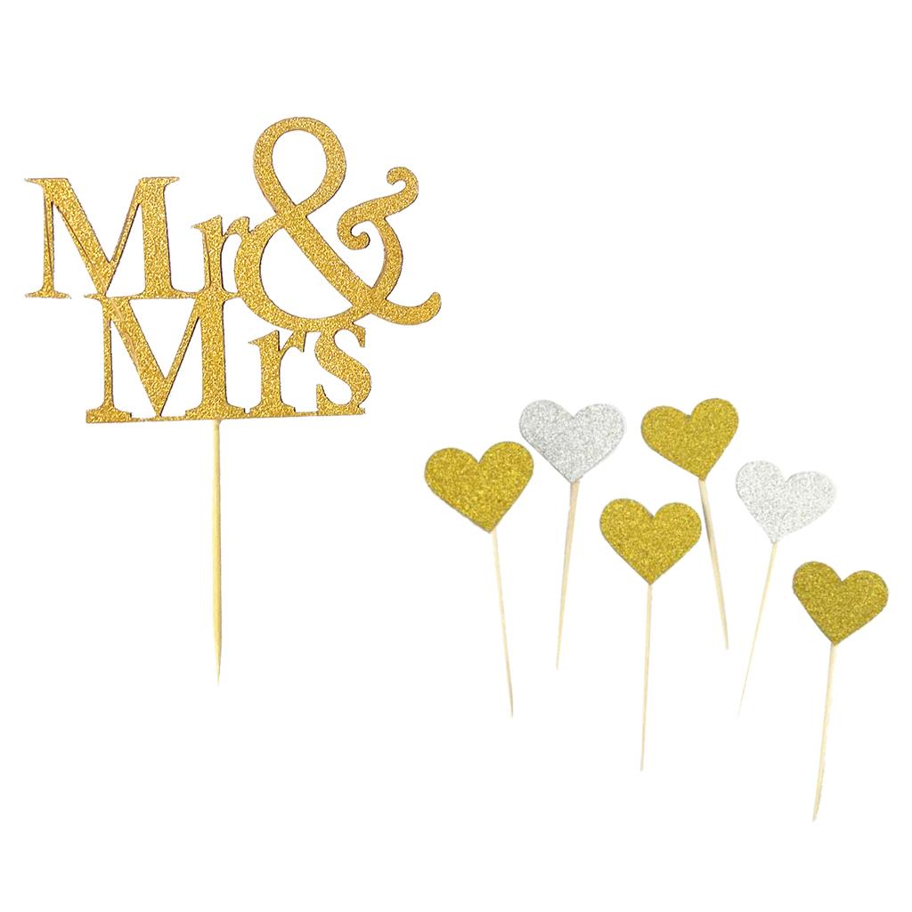 40x Glitter Heart Shape Cake Toppers & 20x Mr Mrs Cake Picks Bridal Shower