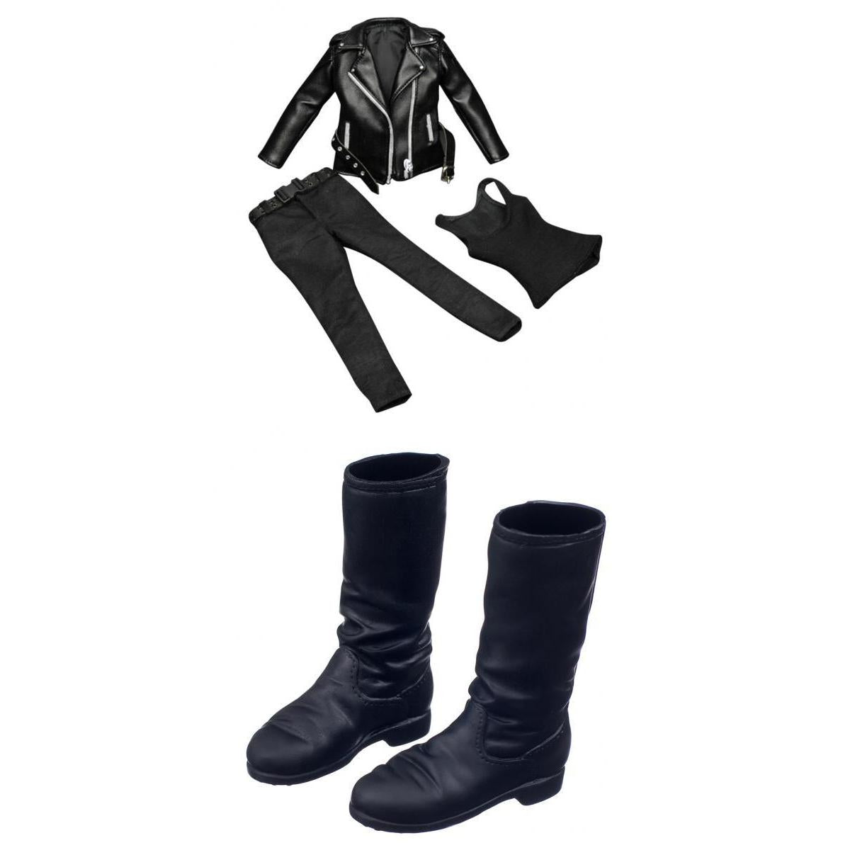 1/6 Female Clothing Black PU Leather Jacket Pants Vest Boots for 12'' Figure
