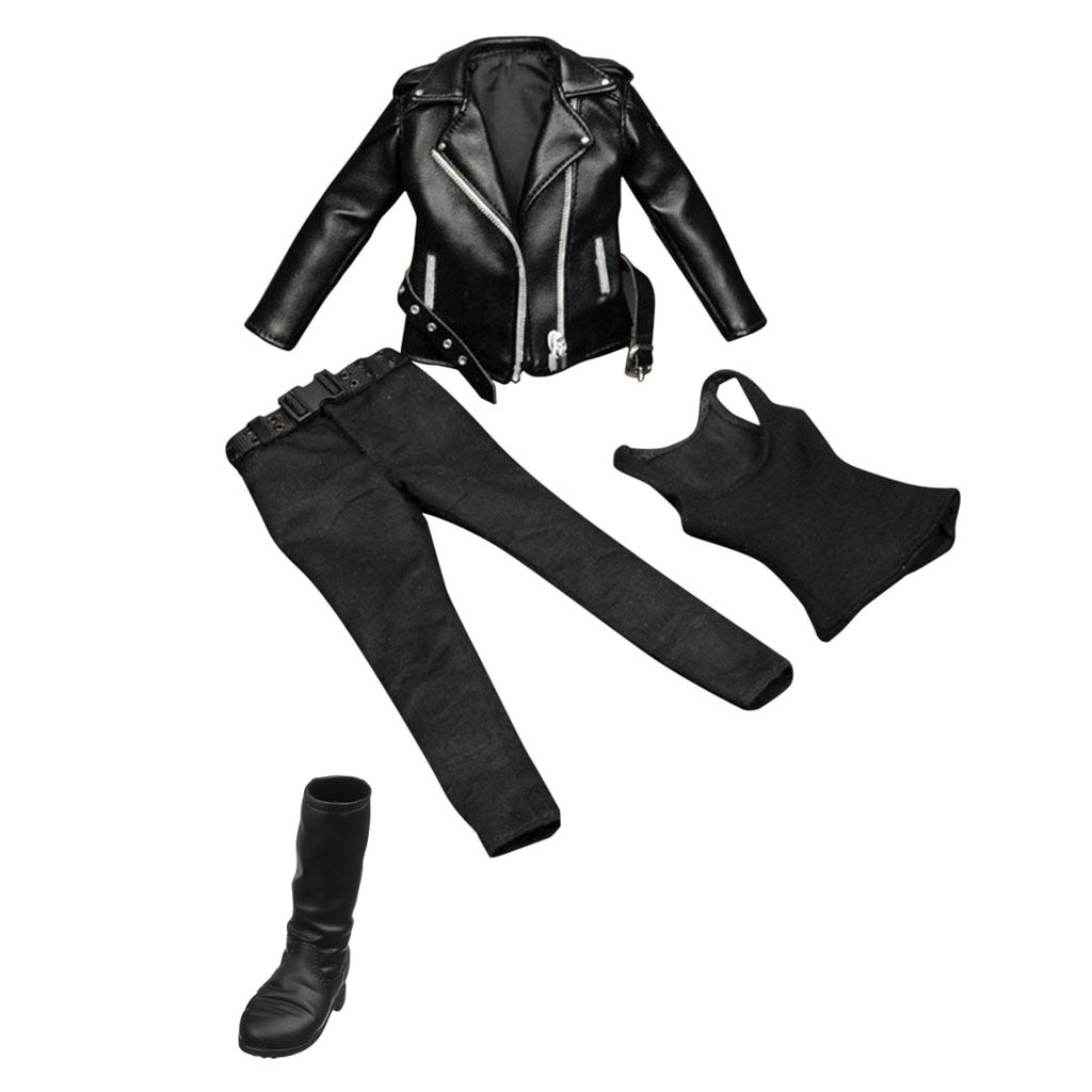1/6 Female Clothing Black PU Leather Jacket Pants Vest Boots for 12'' Figure