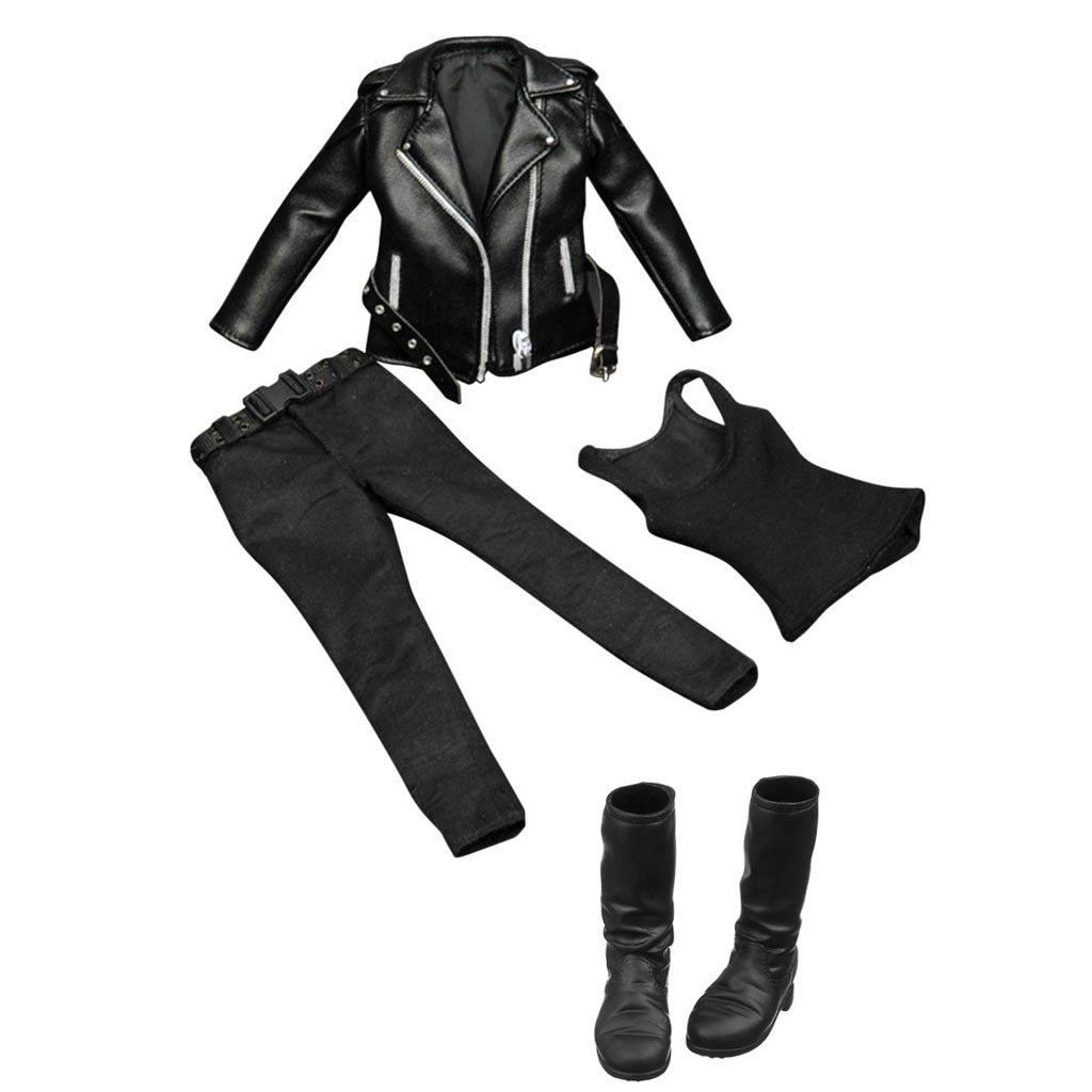 1/6 Female Clothing Black PU Leather Jacket Pants Vest Boots for 12'' Figure