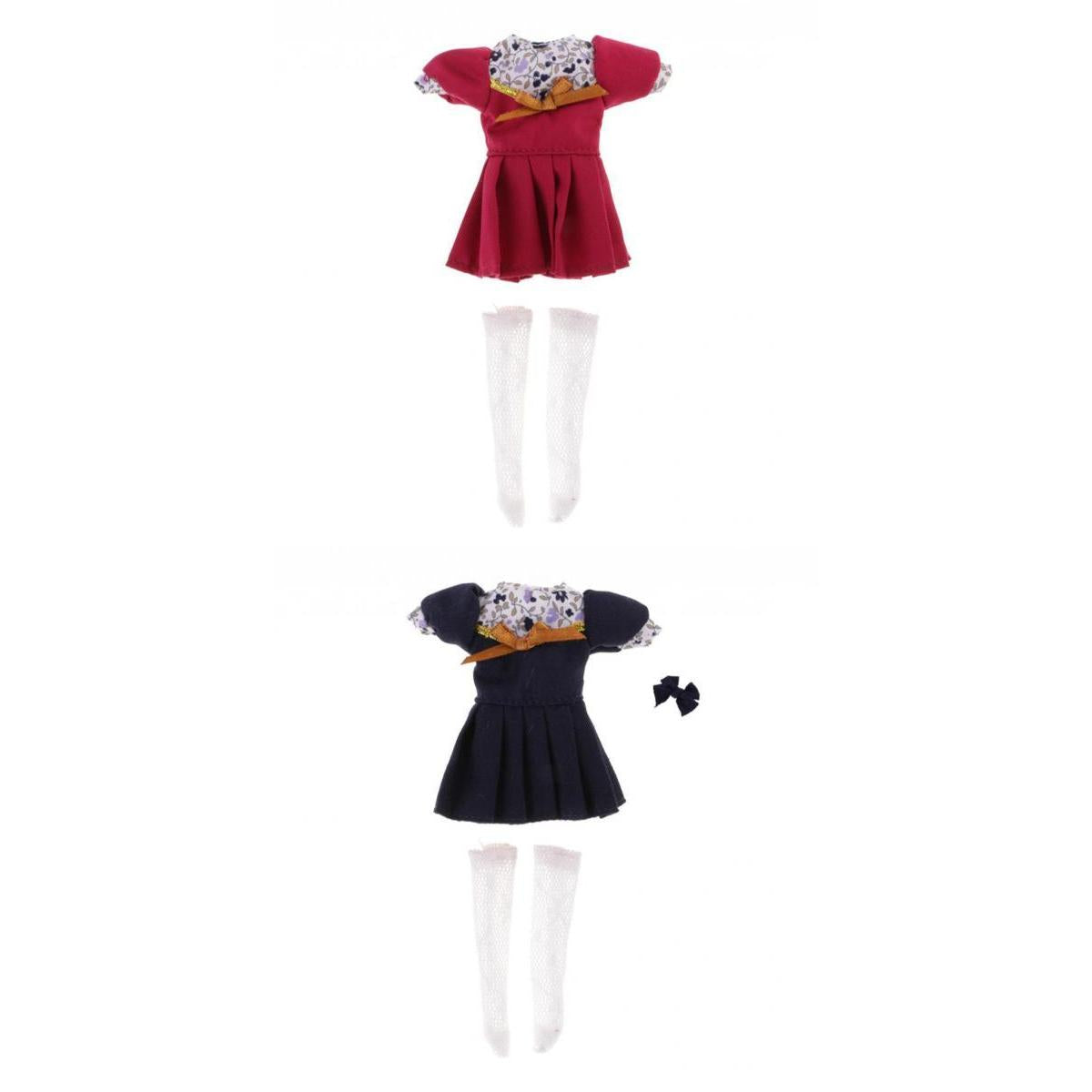 2 Sets Short Sleeve Dress Bowknot Hairclip Socks for Middie Blythe Doll