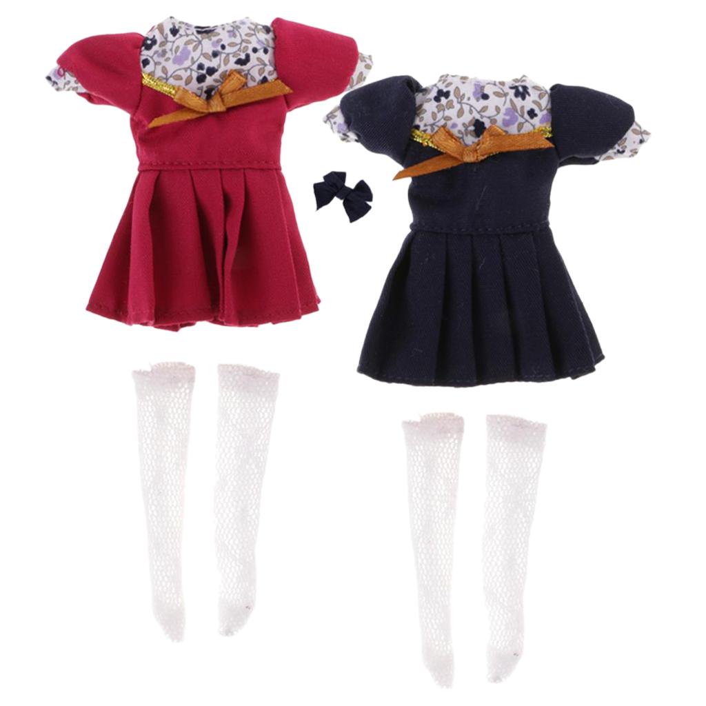 2 Sets Short Sleeve Dress Bowknot Hairclip Socks for Middie Blythe Doll