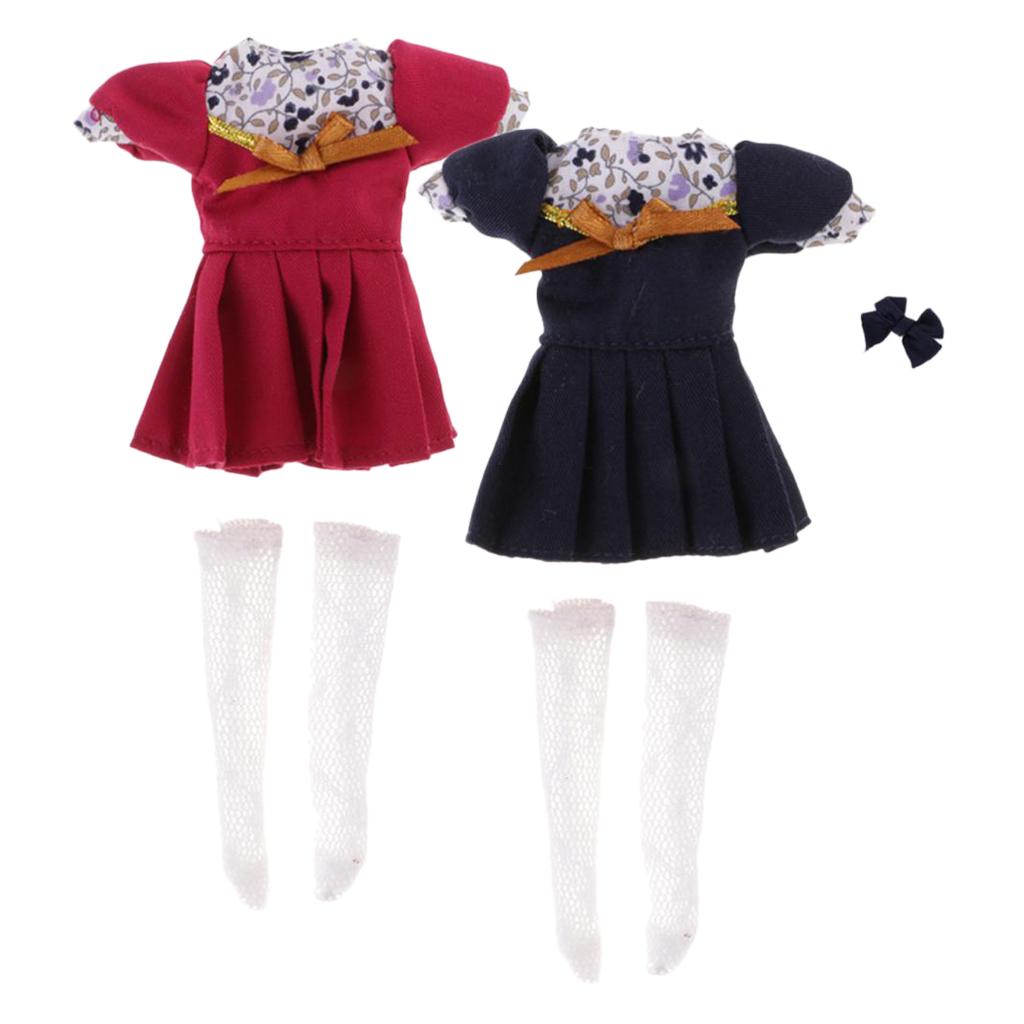 2 Sets Short Sleeve Dress Bowknot Hairclip Socks for Middie Blythe Doll