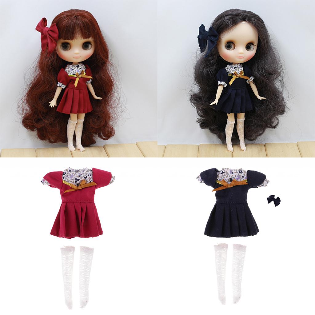 2 Sets Short Sleeve Dress Bowknot Hairclip Socks for Middie Blythe Doll