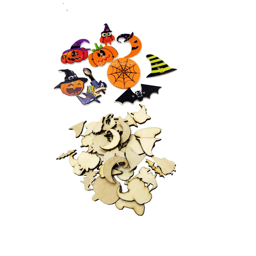 100 Pieces Assorted Wooden Halloween Shapes Decoration Craft Wood Buttons