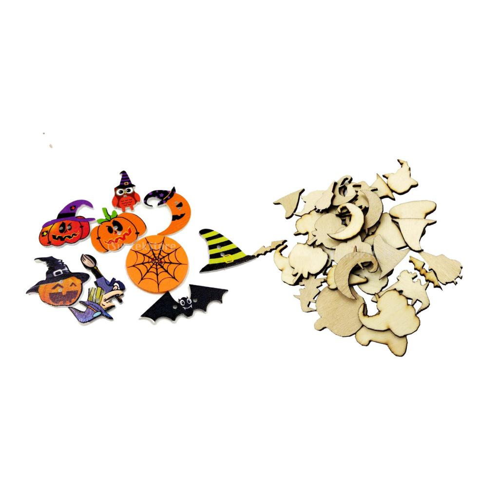 100 Pieces Assorted Wooden Halloween Shapes Decoration Craft Wood Buttons