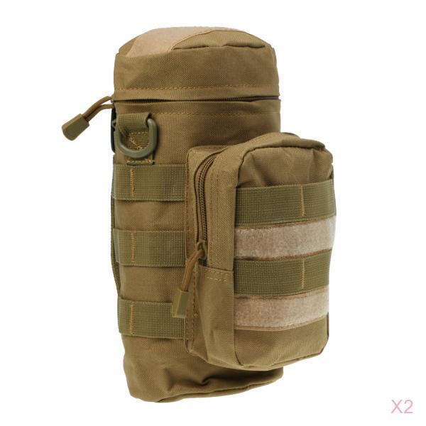 2 Pieces Tactical Military Molle Zippered Water Bottle Bag Kettle Pouch Tan