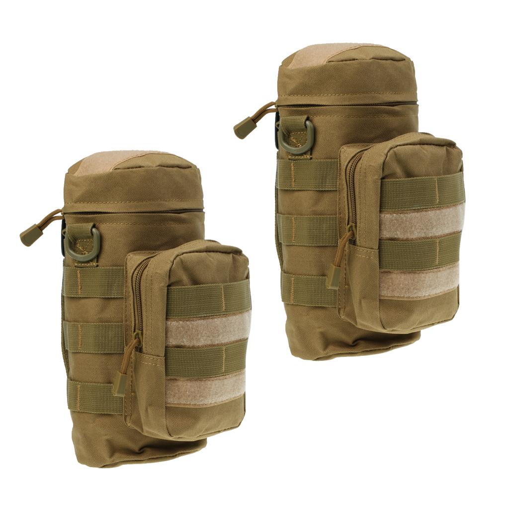 2 Pieces Tactical Military Molle Zippered Water Bottle Bag Kettle Pouch Tan