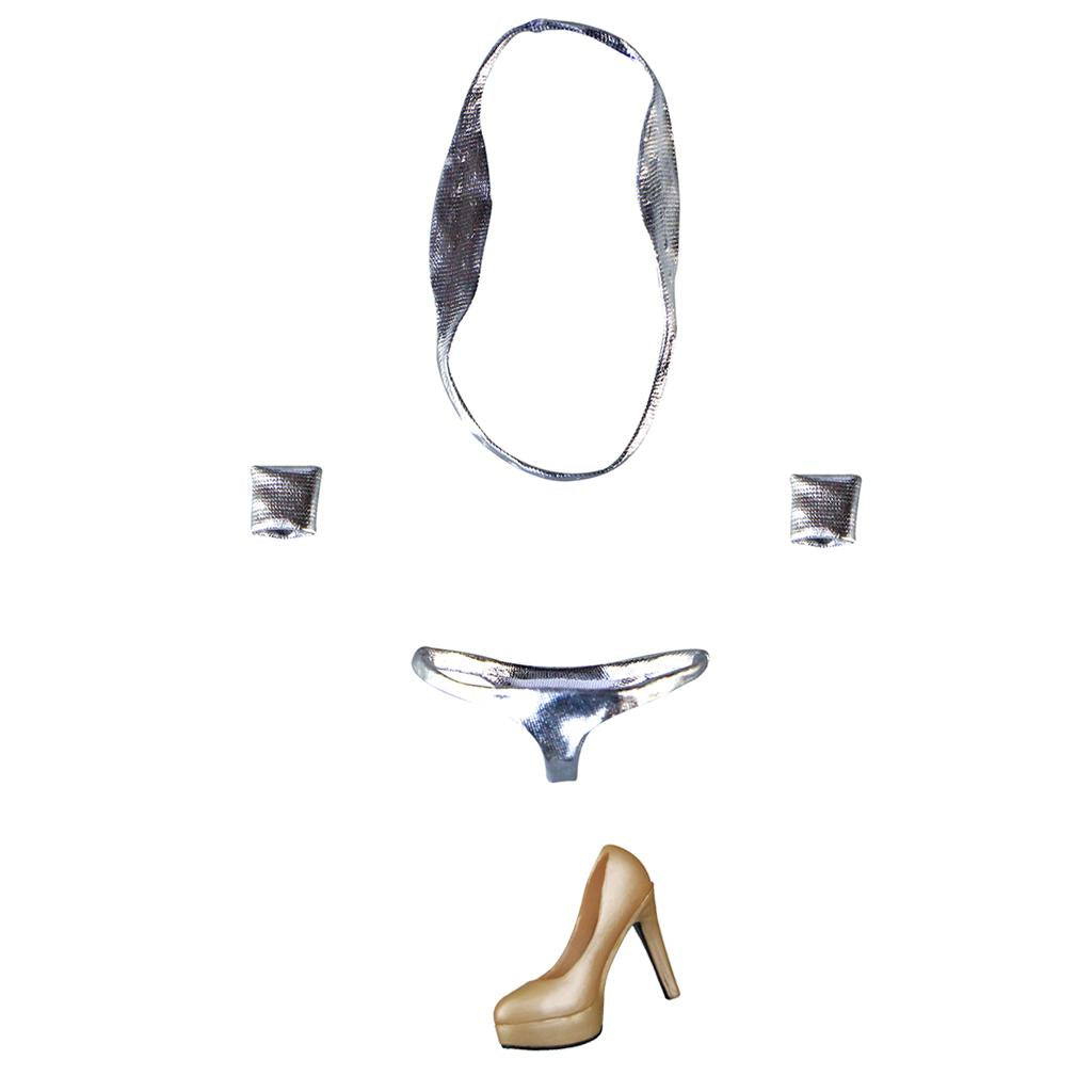 1/6 Silver Bikini Bra Briefs Set & Shoes for 12'' Large Bust Female Figure