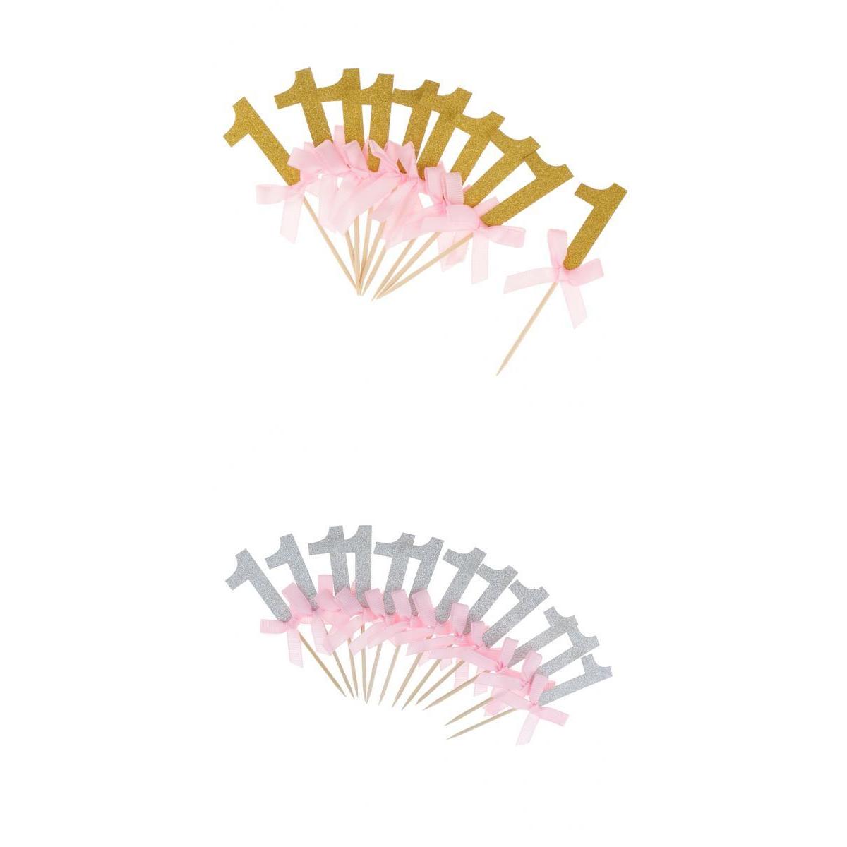 24 Glitter Gold Silver Number One Cake Cupcake Topper Pick Kid 1st Birthday