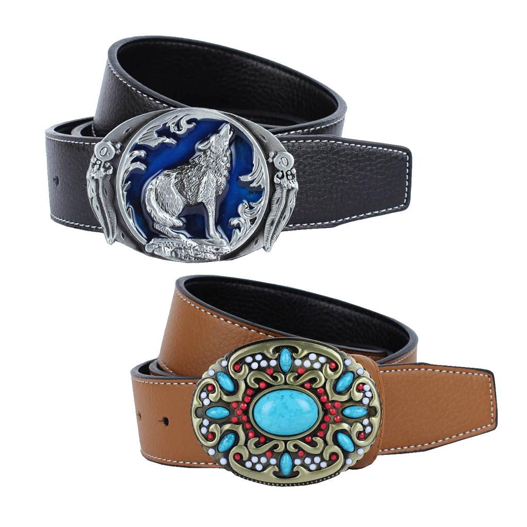 2 Pieces Werstern Fiber Leather Belts Cowboy Cowgirl Boho Turquoise Buckles