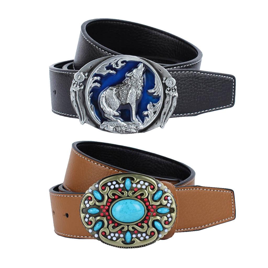 2 Pieces Werstern Fiber Leather Belts Cowboy Cowgirl Boho Turquoise Buckles