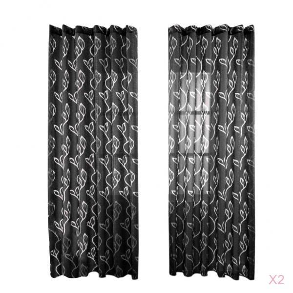 2Pcs Window Tulle Voile Bubble Leaf Curtain Panel 100x270cm Black
