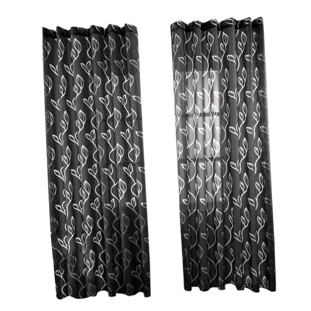 2Pcs Window Tulle Voile Bubble Leaf Curtain Panel 100x270cm Black