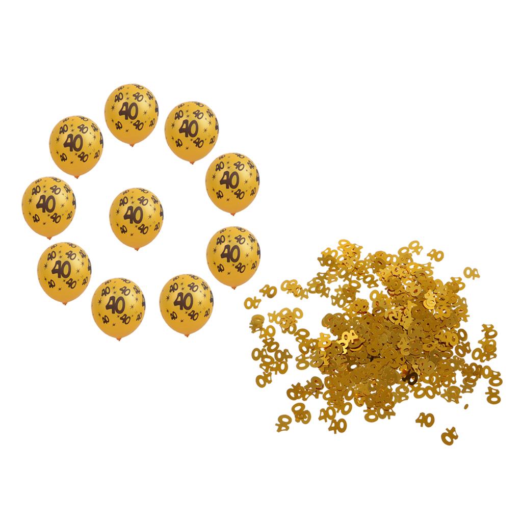 10 Gold Latex Balloons&Glitter Number 40 Confetti 40th Birthday Party Decor