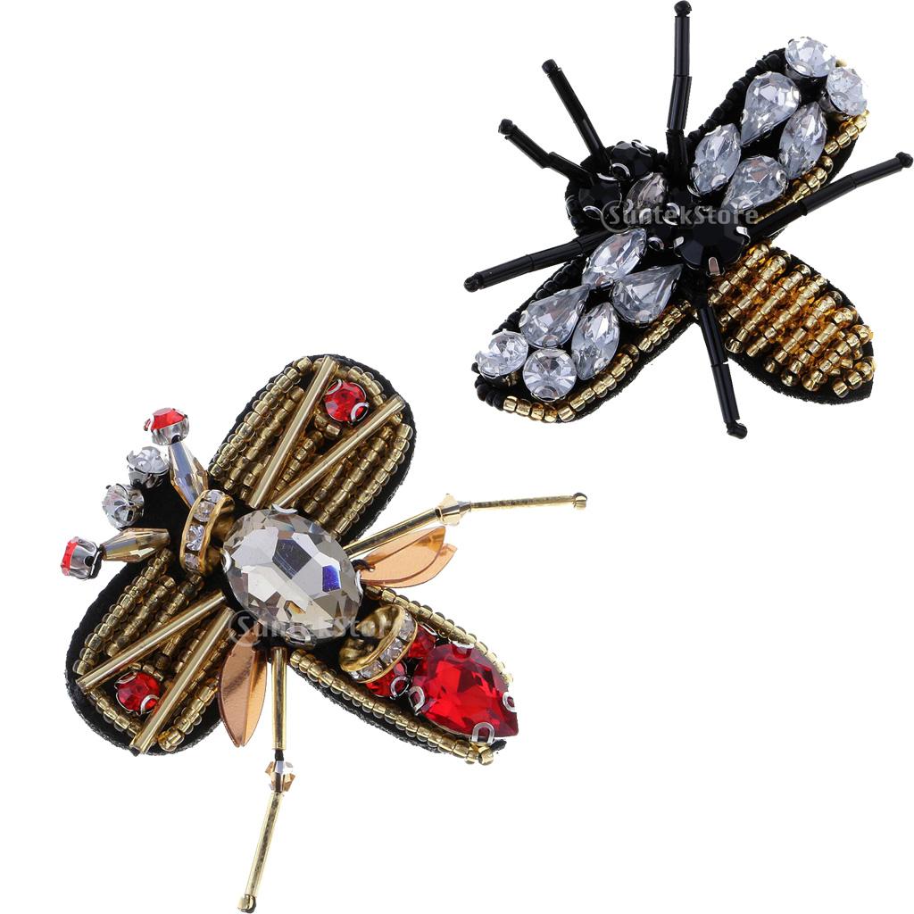 2 Styles Bee Sequins Rhinestones Beaded Patches Sewing Applique for Clothing