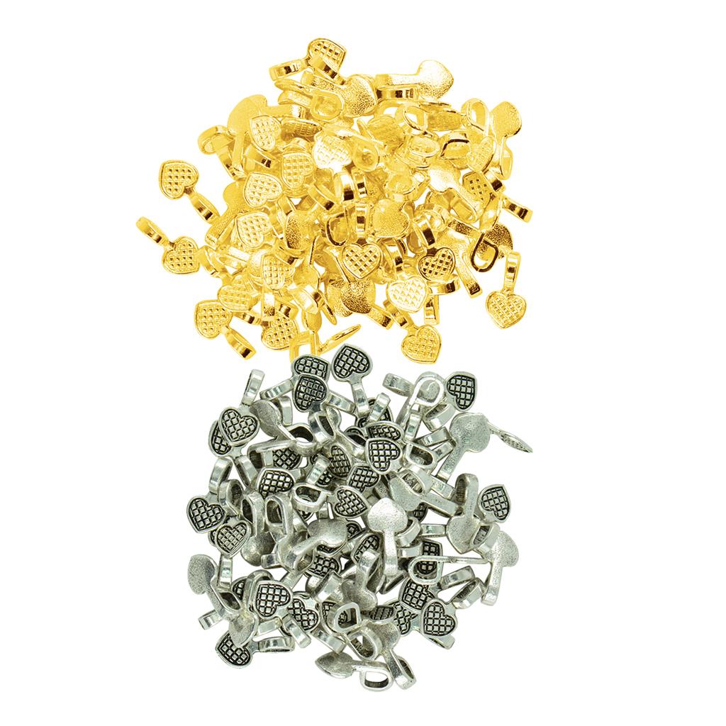200pcs Gold Antique Silver Heart Shape Glue on Bail Pendants Jewelry Making