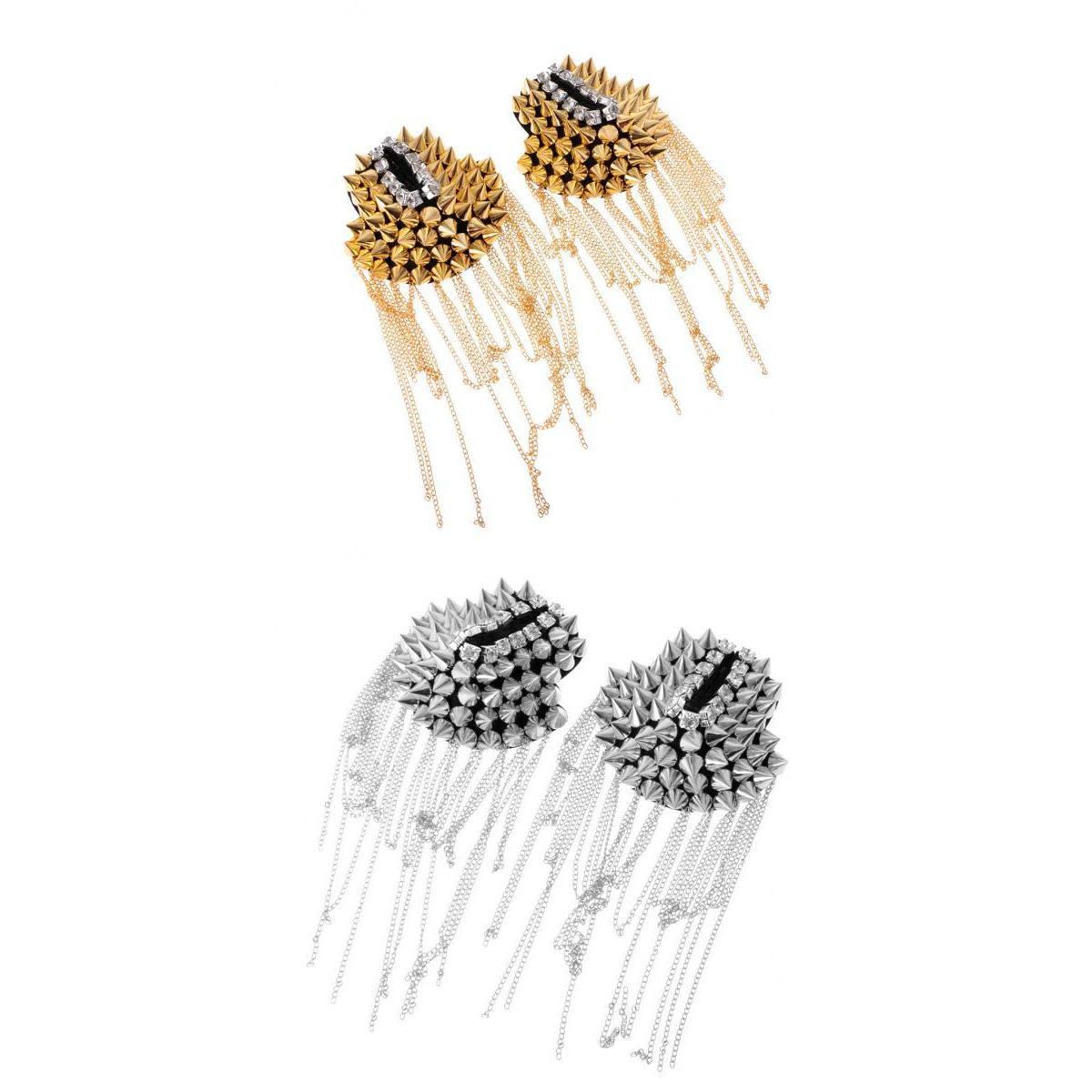 2 Pairs Punk Tassel Epaulette Rivet Shoulder Board Mark Costume Brooch Badge