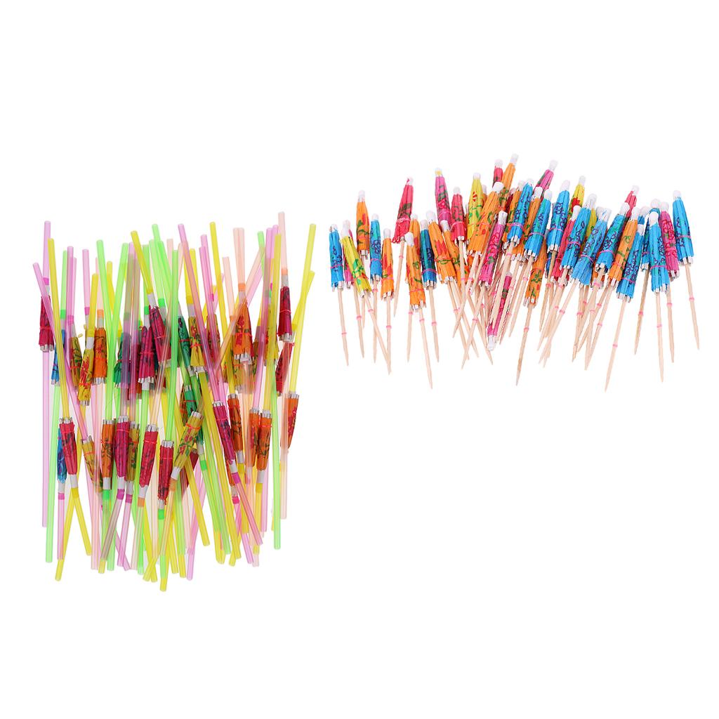 50x Colorfu Parasol Umbrella Food Picks+ 50x Drinking Straws Tropical Party