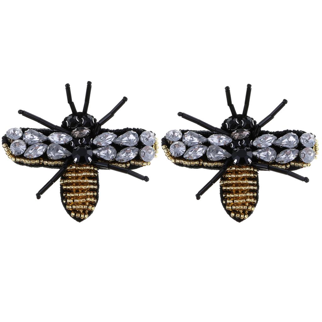 2pcs Bee Sequins Rhinestones Beaded Patches Sew on Patch Appliques Decor