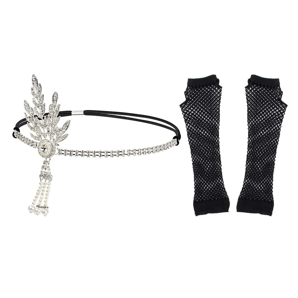 1920s Gatsby Rhinestone Headband & Fingerless Fishnet Gloves Set Wedding