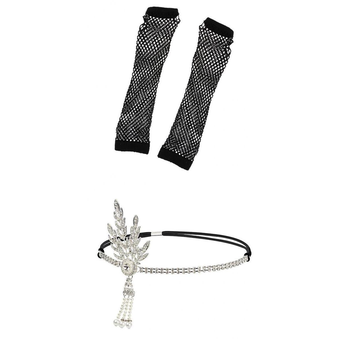 1920s Gatsby Rhinestone Headband & Fingerless Fishnet Gloves Set Wedding