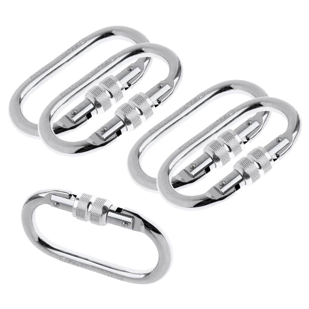 5 Piece 25KN Oval Carbon Steel Screw Lock Carabiner for Rock Climbing Silver