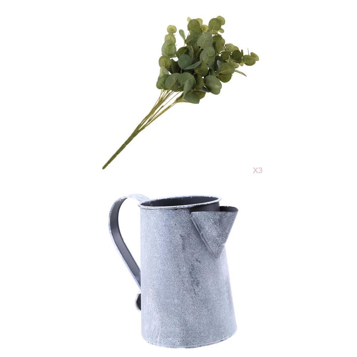 3 Pieces 15 Heads Artificial Eucalyptus Leaves + Metal Flower Bucket Jug