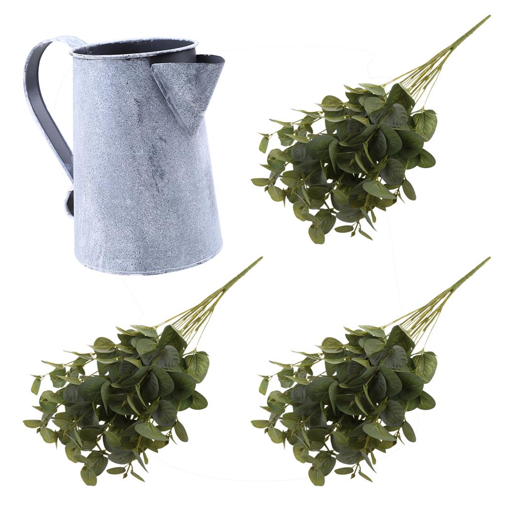 3 Pieces 15 Heads Artificial Eucalyptus Leaves + Metal Flower Bucket Jug