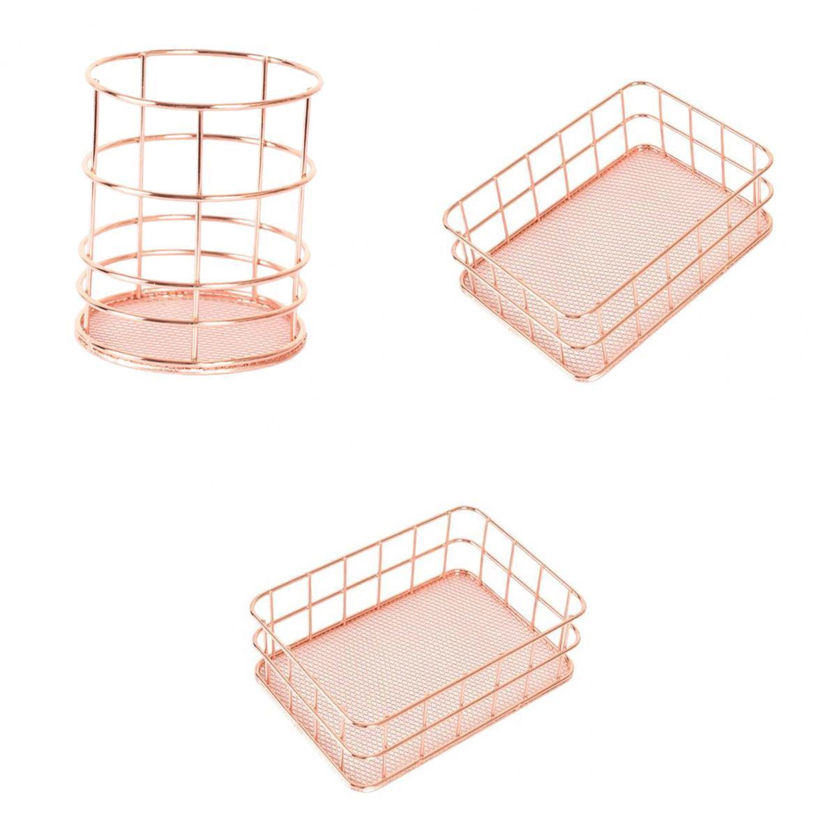 3 Pieces Rose Gold Metal Table Top Storage Basket Pen Holder Organizer Set
