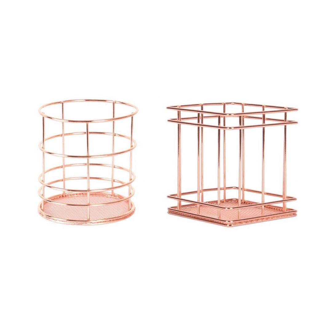 2 Pieces Rose Gold Metal Table Top Storage Basket Pen Holder Organizer Set
